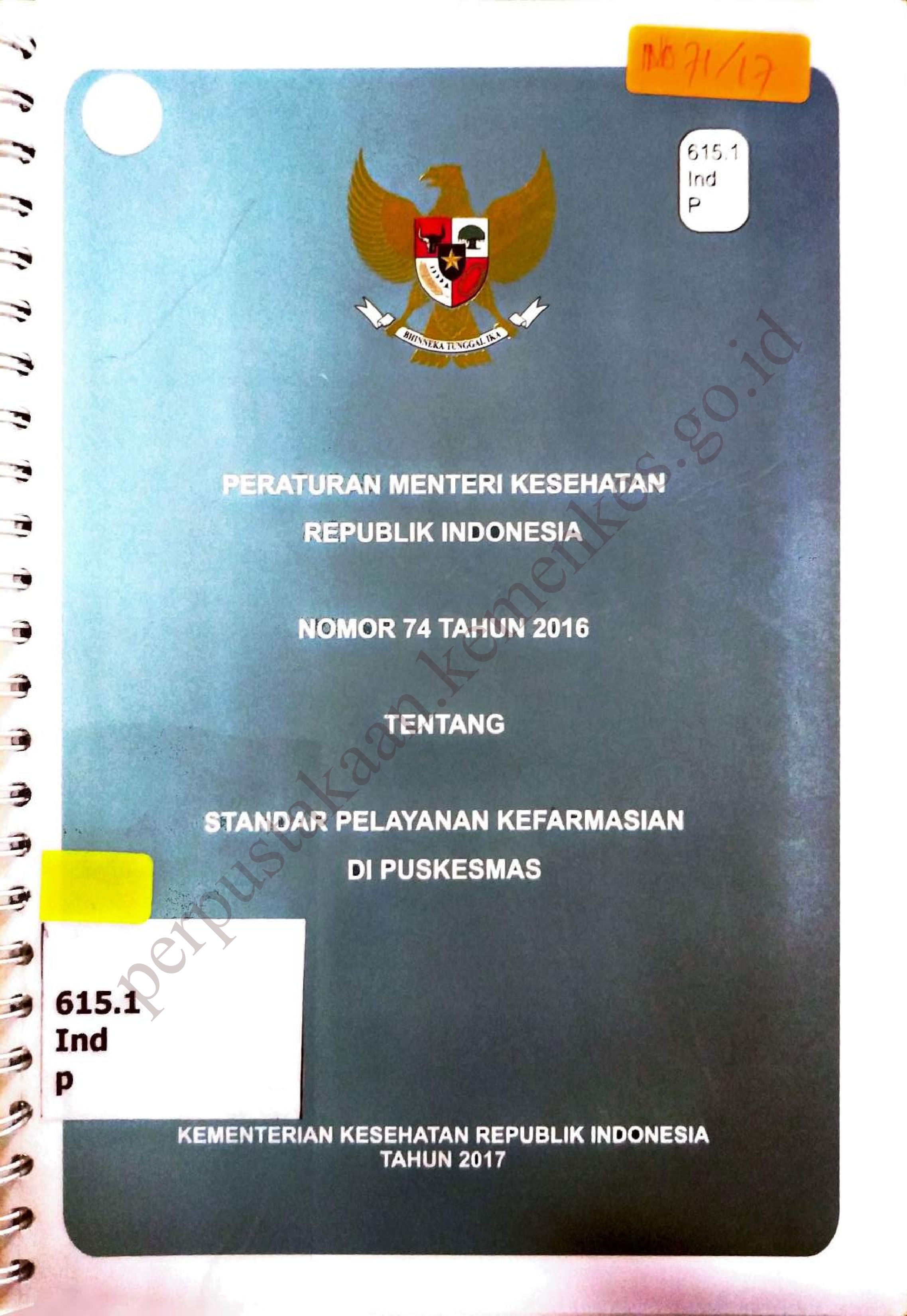 Peraturan Menteri Kesehatan Republik Indonesia nomor 74 tahun 2016 Tentang Standar Pelayanan Kefarmasian di Puskesmas